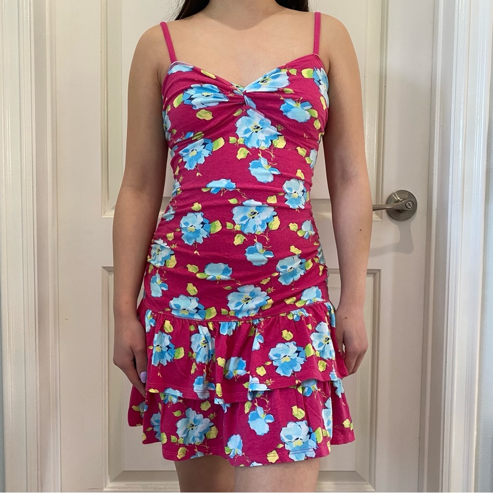 Gilly Hicks Ruched Ruffle Tiered Hem Floral Cami Pink Dress Women’s Size S